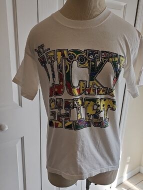Dimand Dust, White Graphic 'Lucky Shirt' Tee. Size Meduim.
